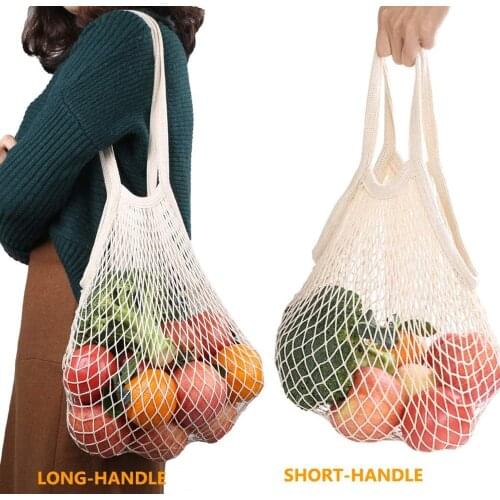 Reusable Cotton Mesh Shopping Bag Natural Cotton Long Handle Short Handle Net Tote Colorful Bag String Bag Fruit Vegetable Bag