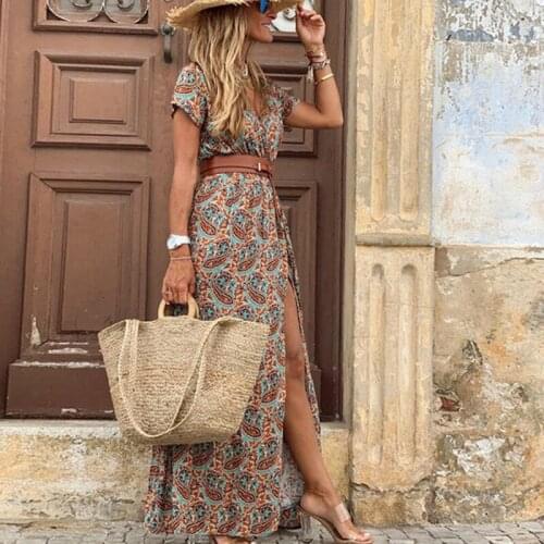 Fashion Boho Beach Long Dress Women V Neck Short Sleeve Print Belt Ladies Elegant Dress Large Hem Floor Length Dress