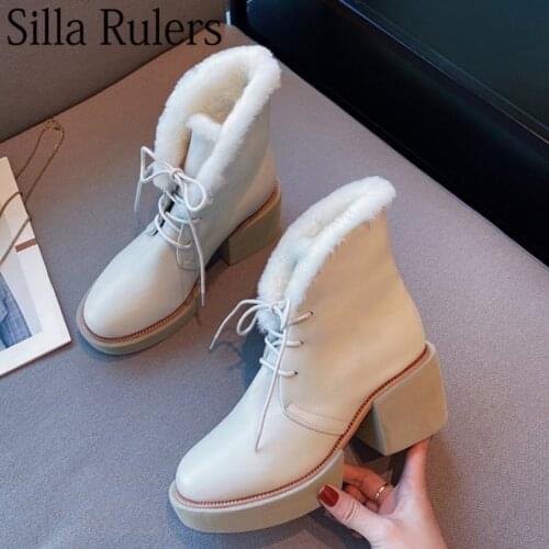 New Beige Chunky Heels Wool Chelsea Boots Woman Round Toe Ankle Boots Woman Lace Up Snow Boots Woman Warm Winter Boots For Woman
