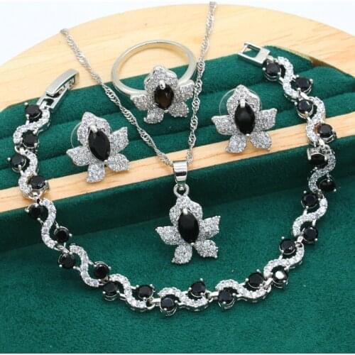 New Arrivals Silver Color Jewelry Set for Women Wedding Black Zircon Bracelet Earrings Necklace Pendant Ring 4 Colors Available