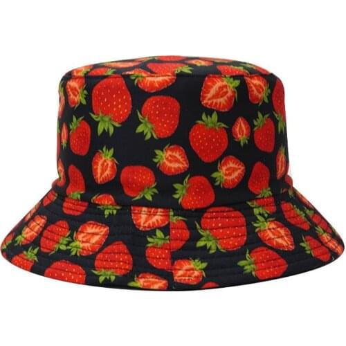2021 Cotton Fashion Joker Fruit Strawberry Print Bucket Hat Fisherman Hat Outdoor Travel Hat Sun Cap Hats for Men and Women 407