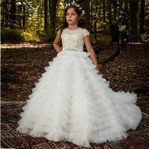 Flower Girl Dress Sweetheart Sleeveless Tulle Lace Applique Ruched Wedding Girl Dress Sweep Train Girls Birthday Party Gown