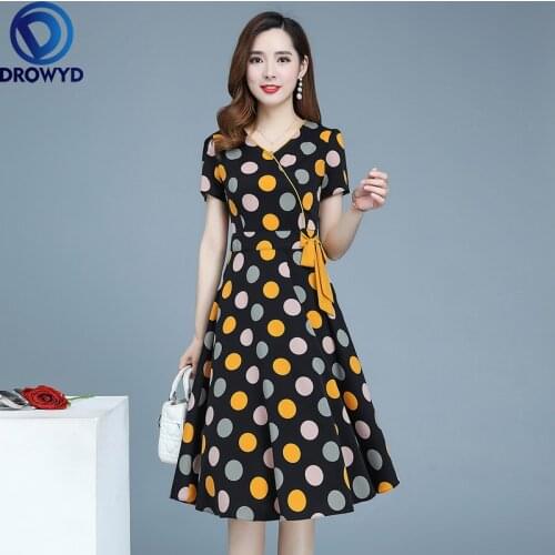 2021 Beach Dot Print Midi Dress for Women Summer Fashion Short Sleeve V-neck Chiffon Dress Elegant Boho Party Dresses Vestidos