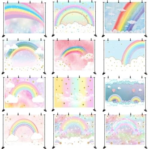 Rainbow Photography Background Rainbow Cloud Golden Glitter Stars Backdrop Bokeh Party Decoration Props Banner For Photo Studio