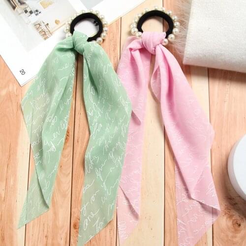 Fashion Women Girls Letter Print Pearl Hair Scrunchie Long Hair Ribbon Ponytail Scarf Elastic Chiffon Hair Band Hair Accessories