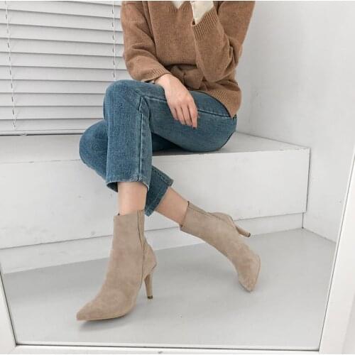 Fashion Boots, Leather/suede, Thin, All-match Womens Boots, Pointed Toe Stiletto Boots, Apricot Black, Size 33-42