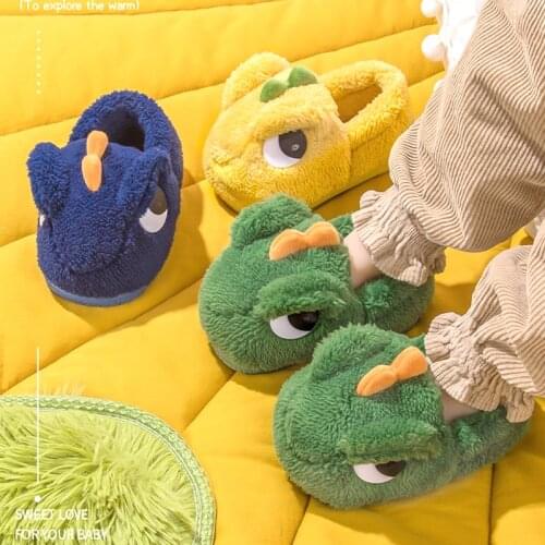 New Winter Slippers Cute Warm Non-slip Home Green Small Dinosaur Cotton Slippers Kids Boots Baby Boy Shoes Girl Slippers