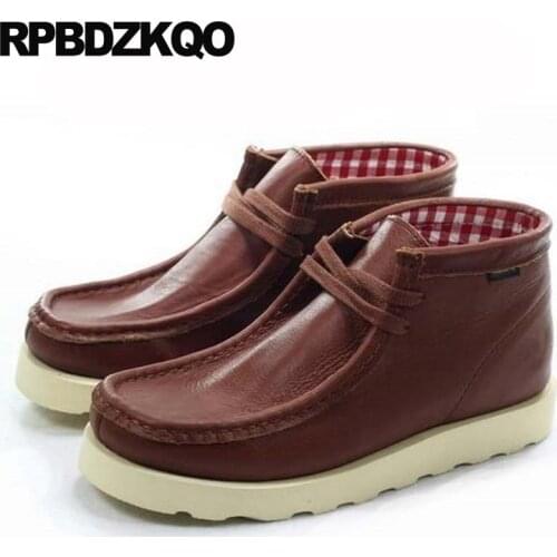 Genuine leather booties short outdoor lace up autumn runway 2018 high top fall full grain boots luxury brown big size shoes plus