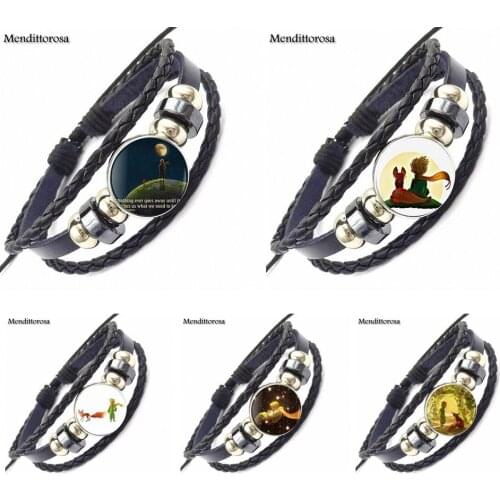 Jewelry With Glass Cabochon Black Leather Bracelet Bangle For Men Women Party Gift The Little Prince Logo