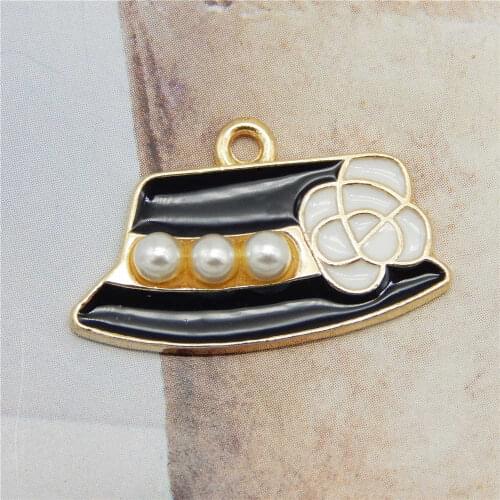 Julie Wang 5PCS Women Hat Charms Enamel Balck White With CCB Pearl Alloy Gold Tone Necklace Bracelet Jewelry Making Accessory