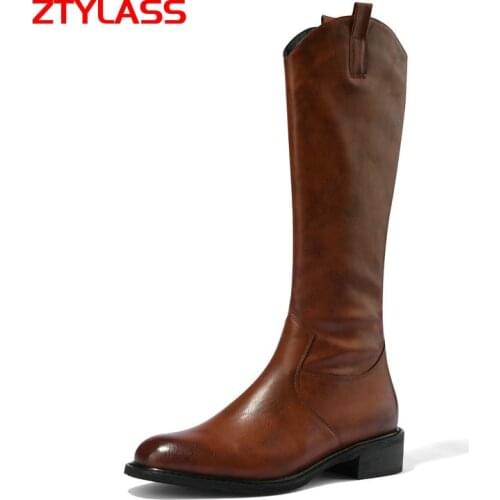 Women Flat With Western Boots Faux Leather Low Heel Knee High Boots Zipper Autumn Winter Long Boots Black Brown Gary