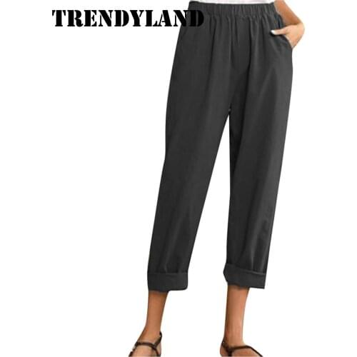 Trendyland Women Summer Harajuku Pants Casual Solid Color Elastic Waist Linen Pockets Pant Vintage Streetwear Dropshipping