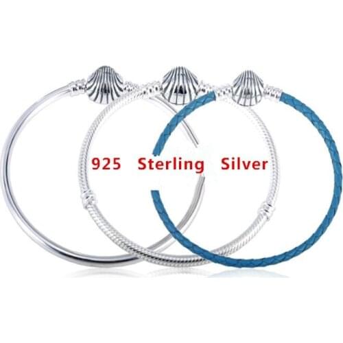 925 Sterling Silver Seashell Clasp Turquoise Leather Bangle Bracelet Fit Women Bead Charm pandora Jewelry