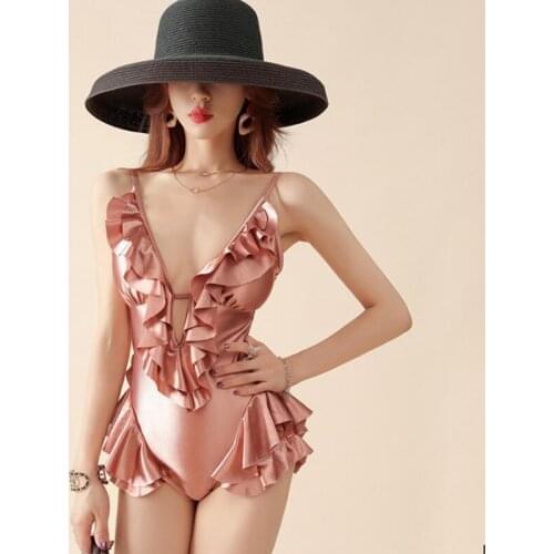 Womens Swimsuit Pink Bikini Ruffles Bright Swimwear Deep V Conjoined Body Retro Hot Spring Swimming Swimsuits Woman Clothes