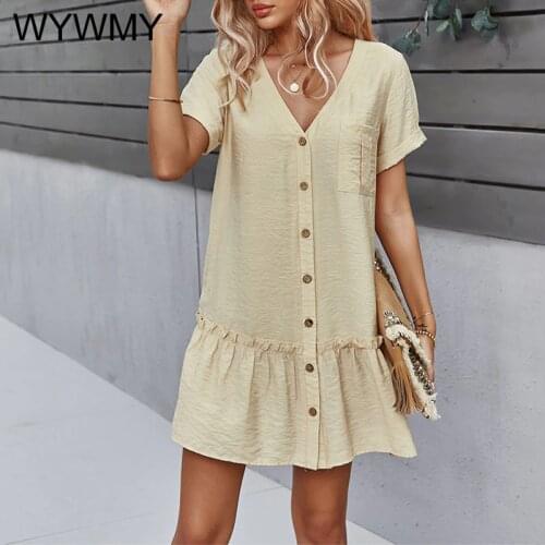 Ladies Solid Short Summer Dress Women Casual V Neck Button Ruffles Short Sleeve A Line Loose Women Mini Dress Vestidos Female