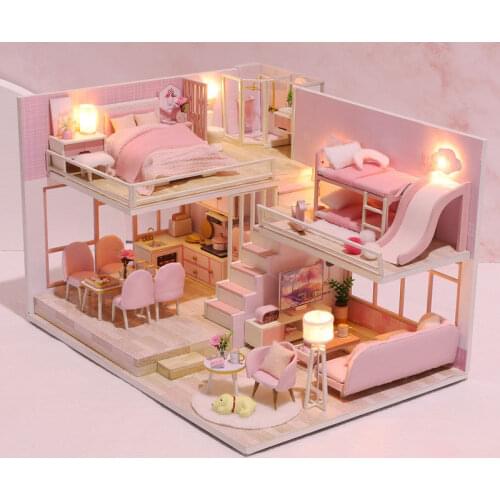 2-Layer Pink Creative Mini Diy Doll Cabin Attic Mini Furniture Home Appliance Accessories Hands-on Educational Toys Valentines