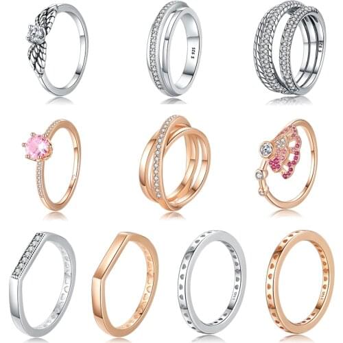 2020 New Women 925 Sterling Silver Rings Jewelry With Sparkling Angel Wings Triple Band Pavé Crystal Ring For Women Jewelry