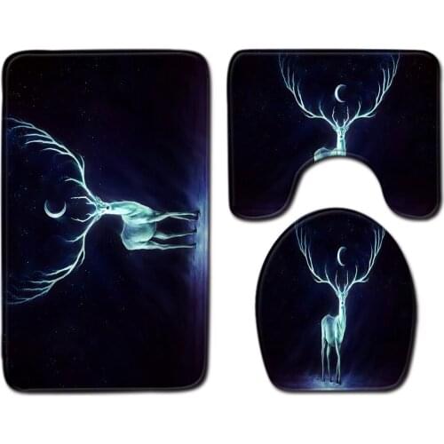 3pcs/set Anti-slip Bathroom Floor Mat Set Home Decor Shower Velvet Toilet Cover Bath Door Carpet Mats and Rugs Black Deer