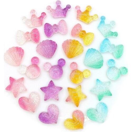 80 Pcs Glitter Candy Resin Charms Rainbow Gradient Heart Star Crown Shell Bow Knot Flat Back DIY Earrings Phone Accessories