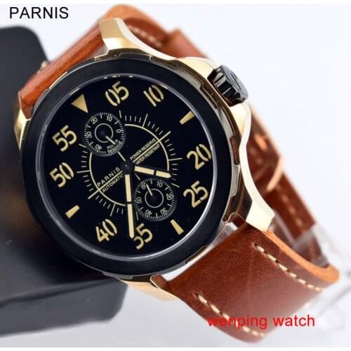 Parnis Automatic Watch Men Menchanical Watches 44mm Leather Luminous Date Date PVD Sapphire Male Wrist Watches E2431
