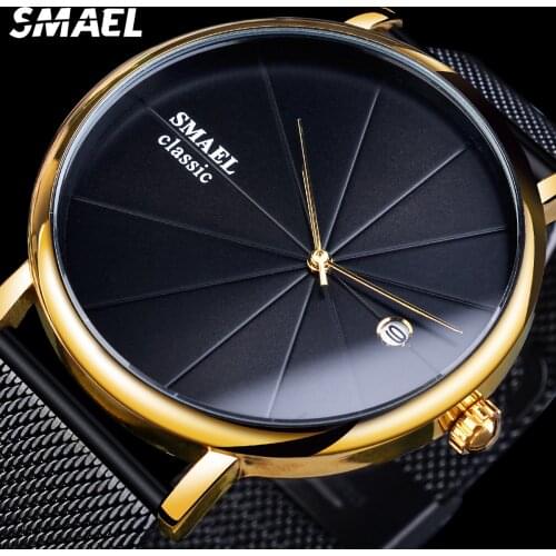 SMAEL Minimalism Mens Quartz Watches Waterproof Man Outdoor Wristwatch With Calendar Business Style Black Watch Mesh Steel