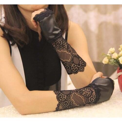 Black gothic punk lady girl Sexy Disco dance costume party lace fingerless PU leather short gloves