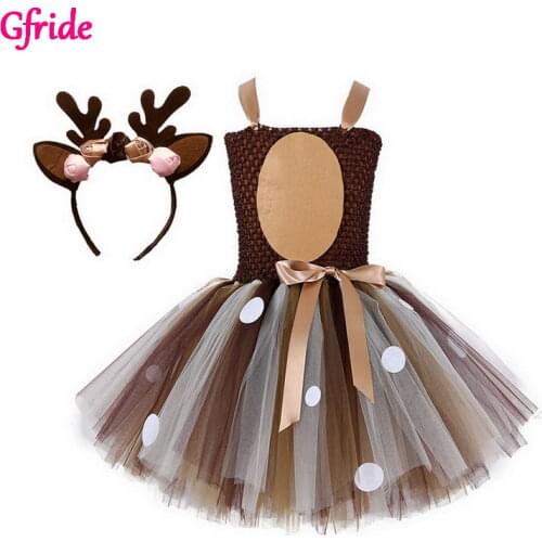 Christmas Little Girls Eve Xmas Dress up Party Dresses Kids Deer Animal Costume New Year Tutu Dress with Headband 2-8 Years