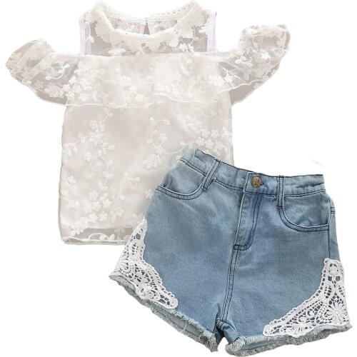 Infant Baby Girls Clothes Sets 0-5Y Lace Flowers Printed Off Shoulder Short Sleeve T Shirts Denim Shorts