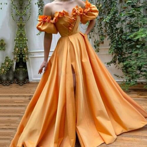 Elegant Orange Long Prom Dress Short Sleeves Flowers Off Shoulder Satin Arabic Evening Celebrity Gown Party Dresses for Women