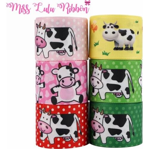 Hot Sale16mm-75mm colorful Cartoon Cows Print Grosgrain Ribbon For Handmade Bowknot Material Elastic Head Rope 50 Yards