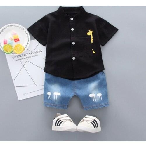 Kids Baby Boys Cotton Gentleman Shirt Tops Jeans Shorts Summer Clothes Set Solid Color Cute Giraffe Tops Denim Short Casual