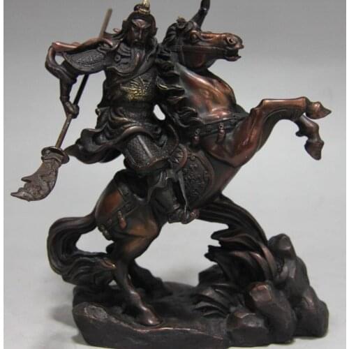 China Folk Red Copper Bronze Ride Horse Guan Gong Dragon Guan Yu Warrior Statue