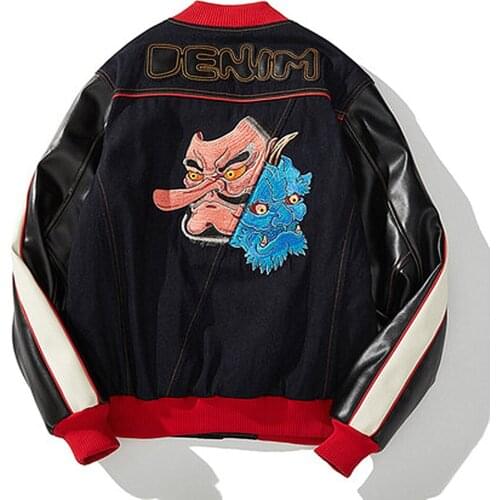 Men Boys Double-sided monster Japan Style Embroidery Jackets Coats Denim PU Patchwork Baseball uniform Modern Popular Plus Size