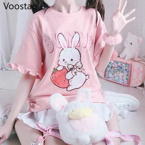 Summer Japanese Women Cute Lolita Pink T-Shirts Kawaii Strawberry Bunny Graphic Ruffles Short Sleeve Tops Girl Rabbit Tee Tshirt