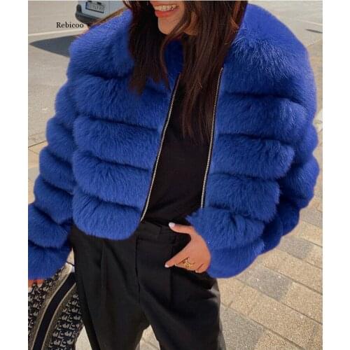 Fashion Short Winter Faux Fox Fur Coat Women Luxury Stand Fur Collar Thick Warm Furry Jacket Faux Fur Top Plus Size