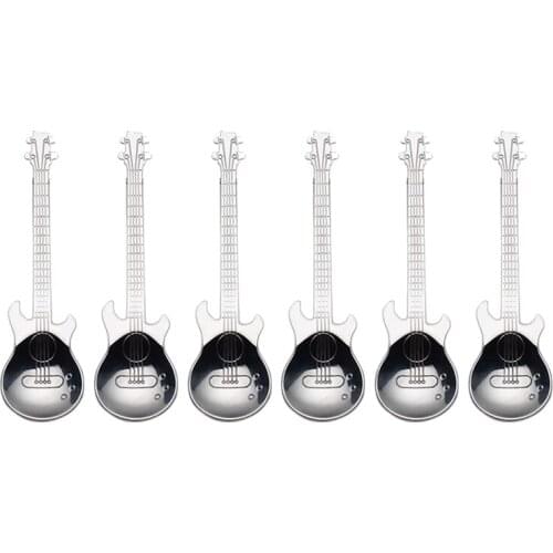 New Guitar Coffee Spoons 6-Pack Creative Cute Spoons Stainless Steel Teaspoons Stirring Spoon Guitar Shaped(Silver)