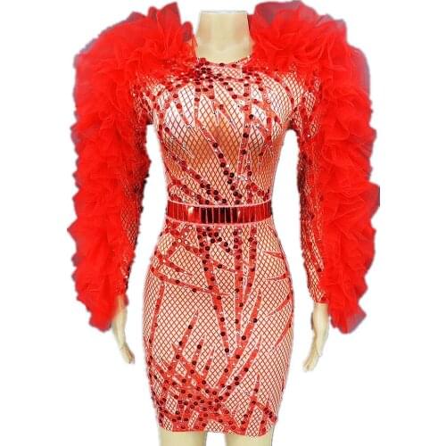 Gauze Perspective Plaid Dress Fur Long Sleeve Knee-Length Sequins Rhinestones Womens Nightclub Wear Theatrical Costume Women