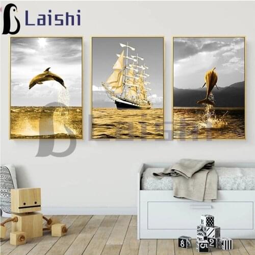 Landscape Diamond Painting Golden Dolphin Sailing series Diy Full Square Round Diamond Cross Stitch Animal Embroidery Home Decor
