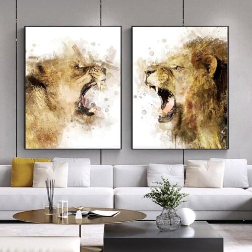 Nordic Watercolour Roaring African Lions And Lioness Canvas Wall Art Prints Animal Poster Paintings For Home Decor Living Room