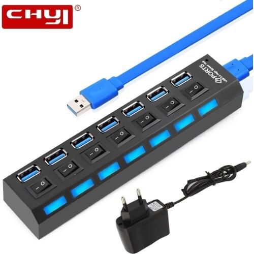 CHYI USB 3.0 Hub USB-A To 7 Port USB3.0 With DC 5V/2A Power Supply LED ON/OFF Switch USB C Splitter Adapter For PC Laptop Mouse