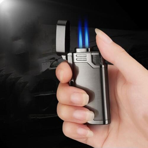 Two Torch Turbine Windproof Metal Lighters Cigar Butane Gas Lighter Key Pendant Hole Design Convenient To Carry Men’s Gifts