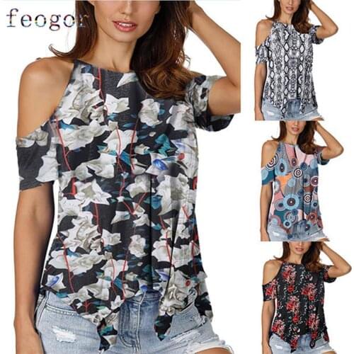 FEOGOR Oversized T-shirt 2021 summer new casual womens off-the-shoulder hollow sleeve blouse floral print womens T-shirt