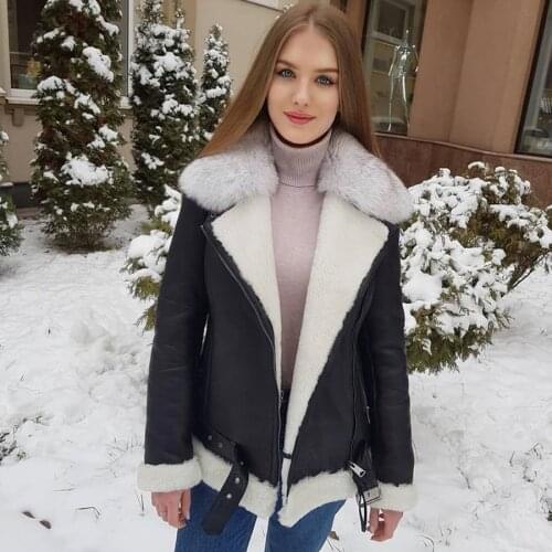 Bomber Jacket Women Real Sheepskin Fur Coat Natural Fox Fur Coat With Belt 2021 New Arrival Custom Size