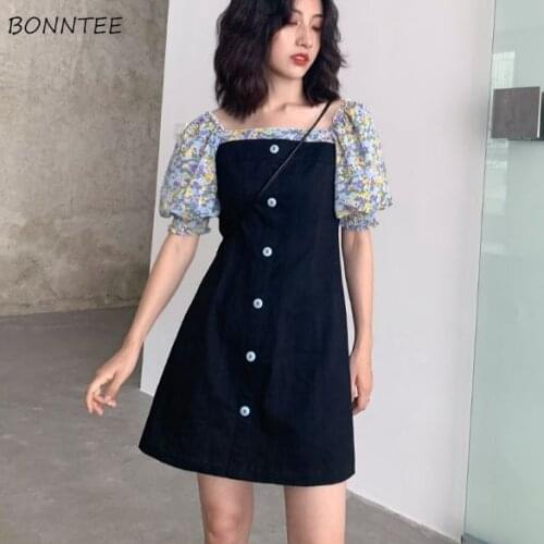 Dresses Women Puff Sleeve High Street Summer Mujer Patchwork Students A-line Korean Style Leisure Female Trendy Harajuku Daily