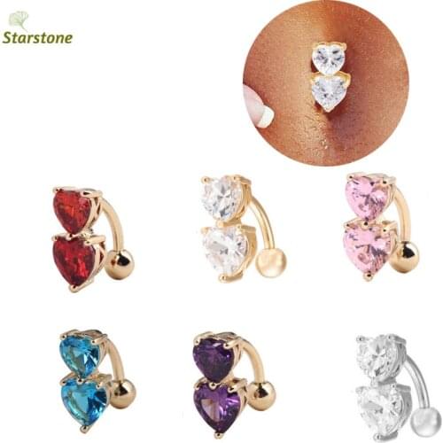 2021 New Double Heart Belly Bar Upside Down 316L Surgical Steel Navel Bell Button Ring for Women 15pcs/lot Free Shipping