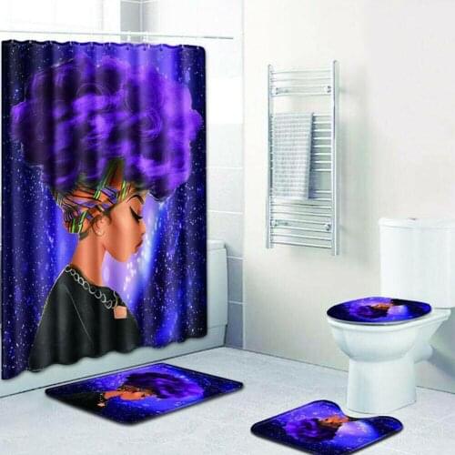 African Women Black Shower Curtain Girl w/ Purple Hair Afro Hairstyle Home Decro