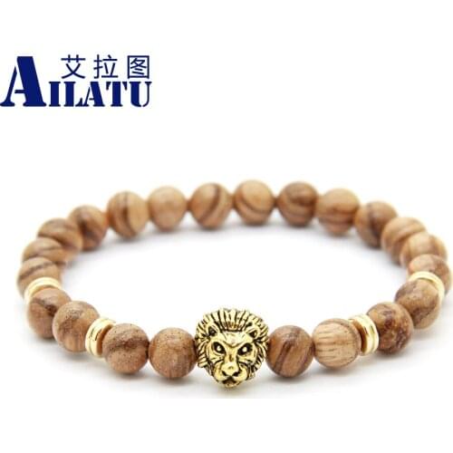 Ailatu Men Nature Style Bracelet 8mm Soul Wood Bead Male Lion Head Bracelets Exquisite Jewelry Gift