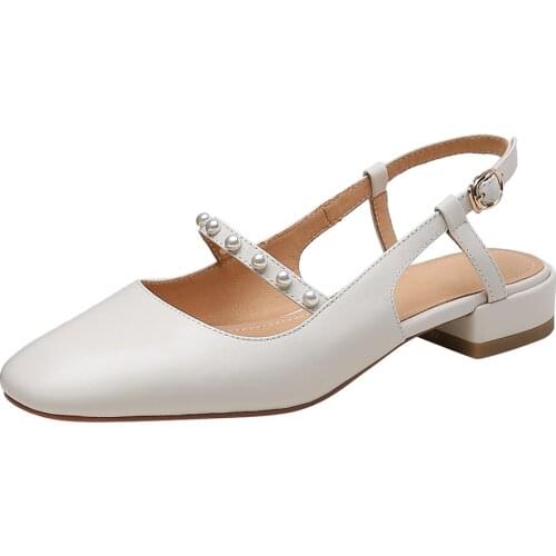 APHNUS Womens Sandals Slippers Slides Beading Pearl Low Mid Heels Pumps Woman 2021 Shoes For Women New