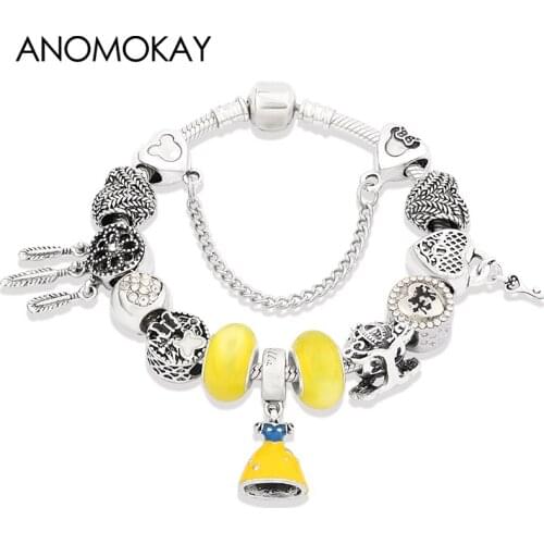 European & American Yellow Enamel Princess Pendant Charm Bracelet Silver Plated Heart Dream Catcher Crystal Bead Bracelet Femme