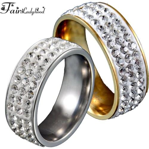 FairLadyHood 10mm 3 Rows Crystal Stainless Steel Ring Women for Elegant Full Finger Love Wedding Rings Jewelry 2019 new fashion